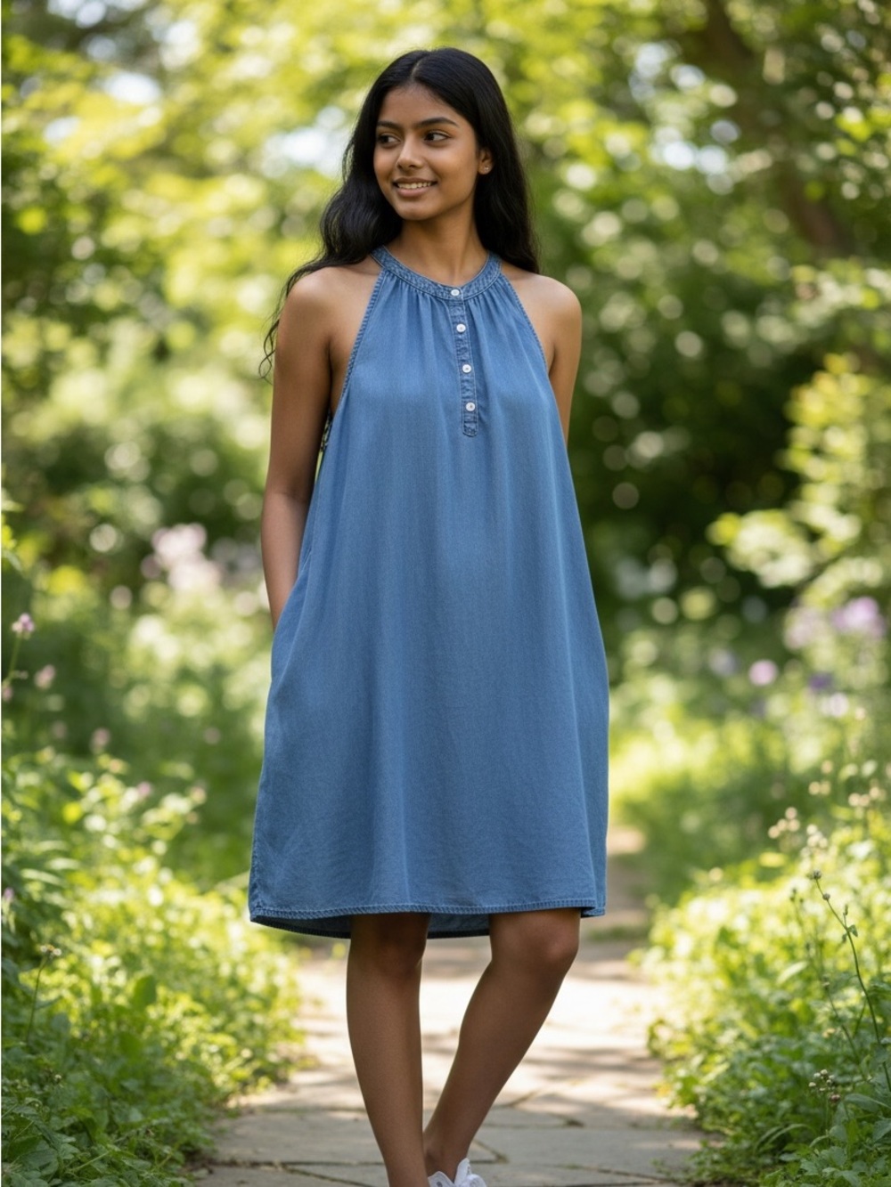 REITMANS Light Blue Chambray Halter Tank with Button Placket xxl